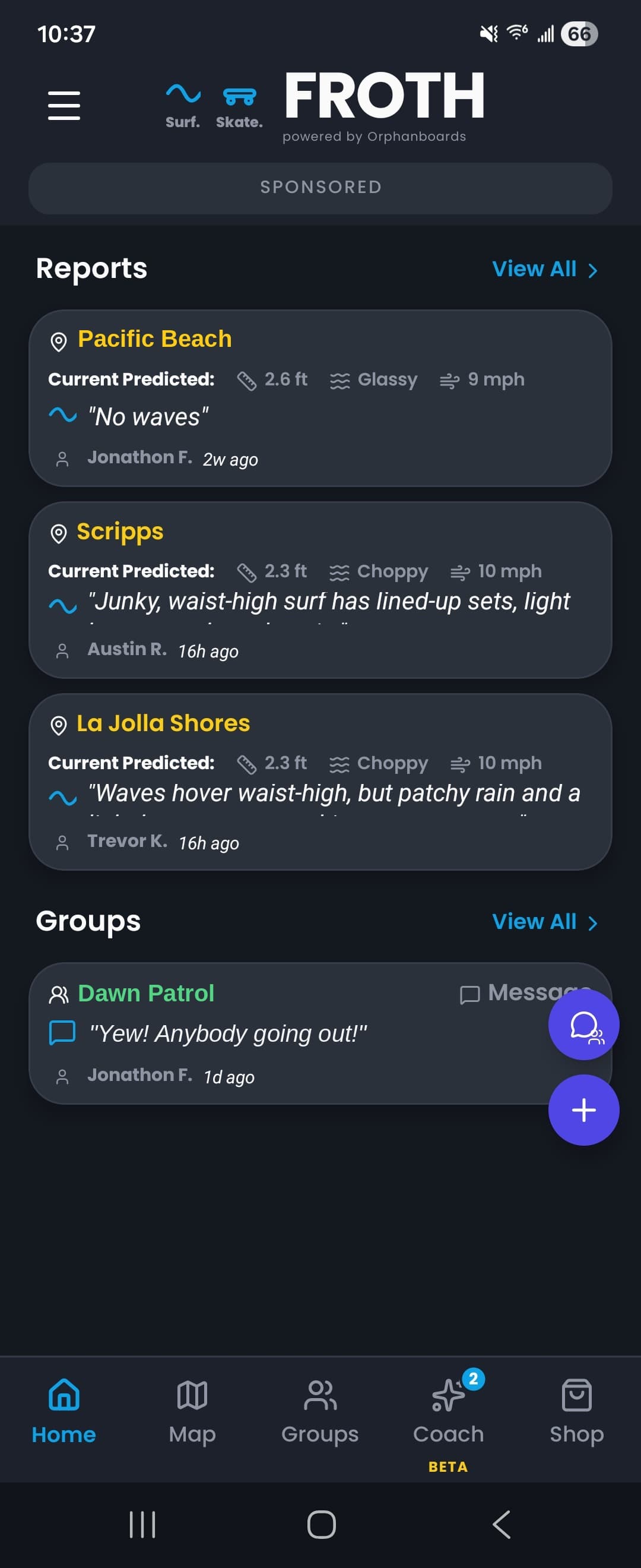 The Froth app home feed showing live surf reports from nearby breaks